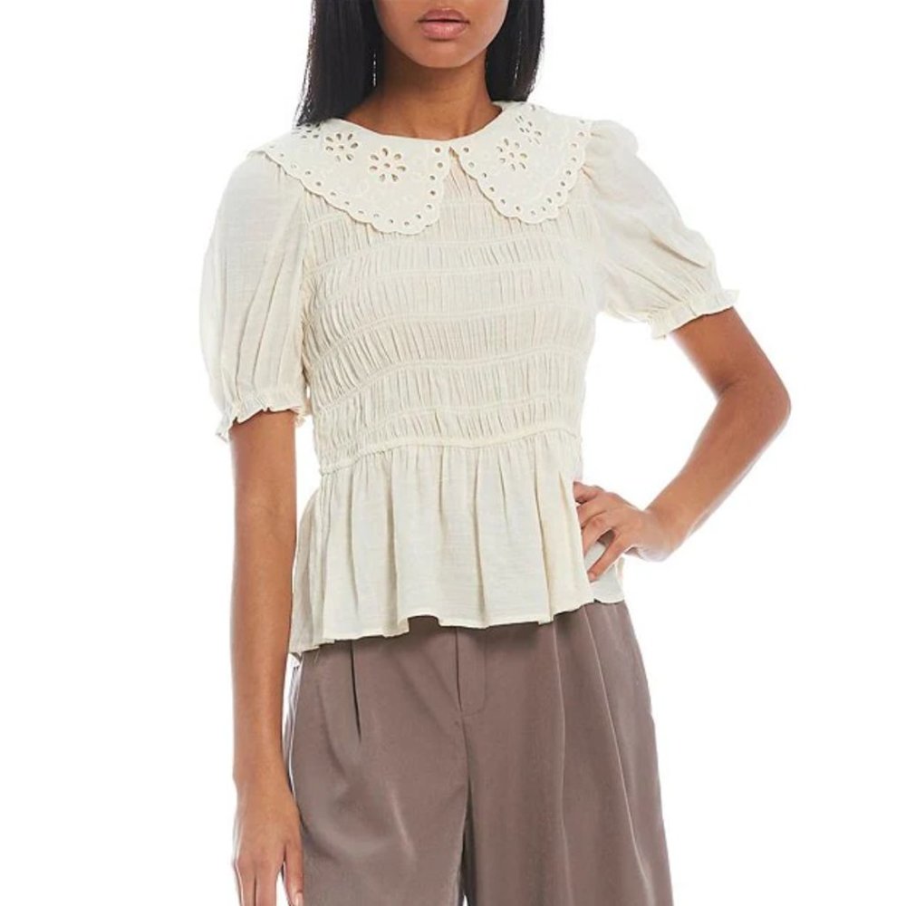 Blu Pepper Peter Pan Collar Puff Sleeve Smocked Peplum Top Size: S